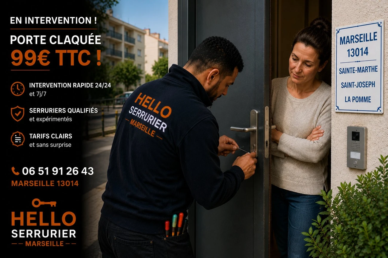Serrurier Marseille 14e en intervention sur une porte claquée à Sainte-Marthe (13014) — ouverture sans casse dès 99€