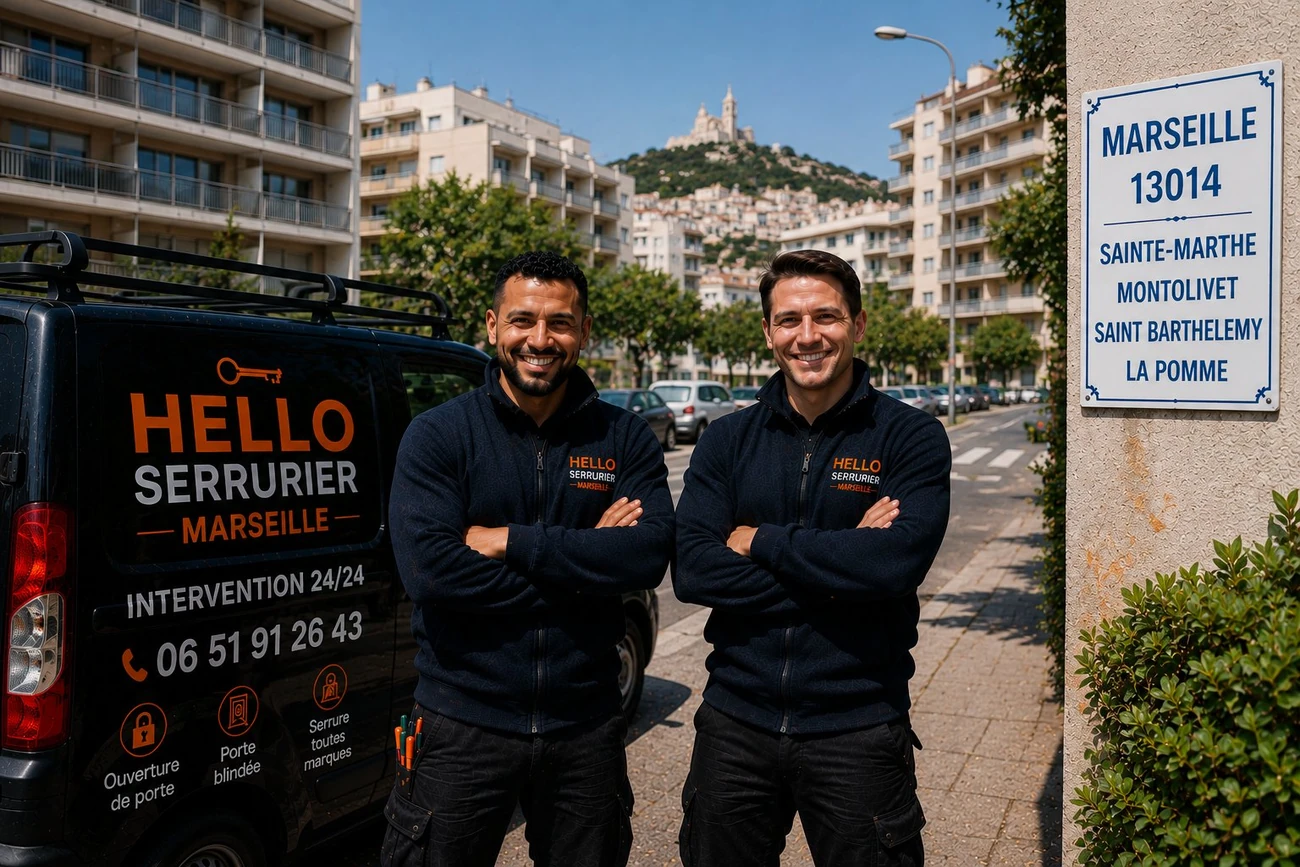 Serrurier Marseille 14e (13014) : Medhi et Julien de Hello Serrurier devant le van à Sainte-Marthe — Le Canet, Le Merlan, Saint-Barthélemy, Saint-Joseph