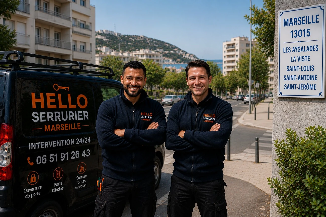 Serrurier Marseille 15e (13015) : Medhi et Julien de Hello Serrurier devant le van à Saint-Louis — Les Aygalades, La Viste, Saint-Antoine