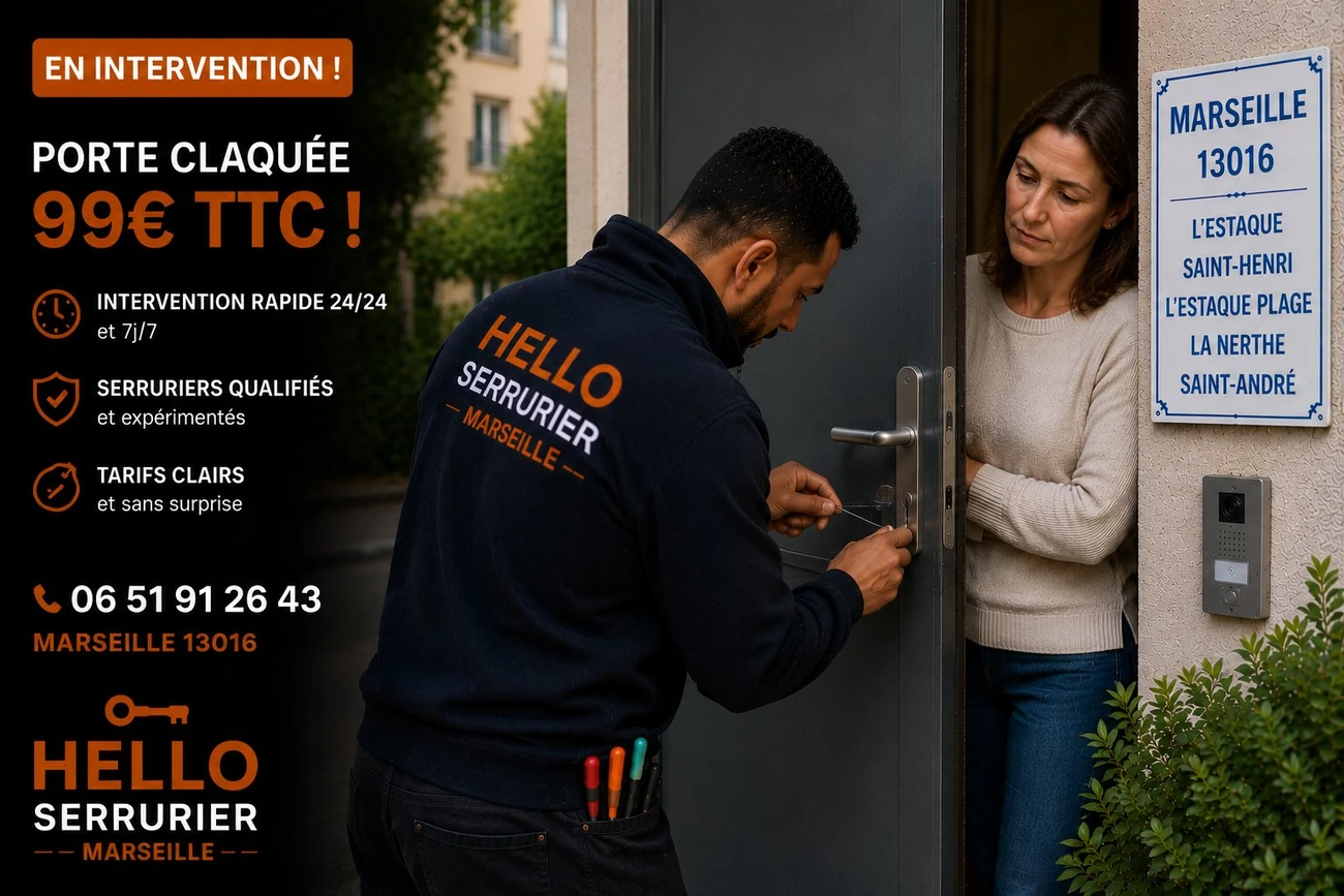 Serrurier Marseille 16e en intervention sur une porte claquée à L’Estaque (13016) — ouverture sans casse dès 99€