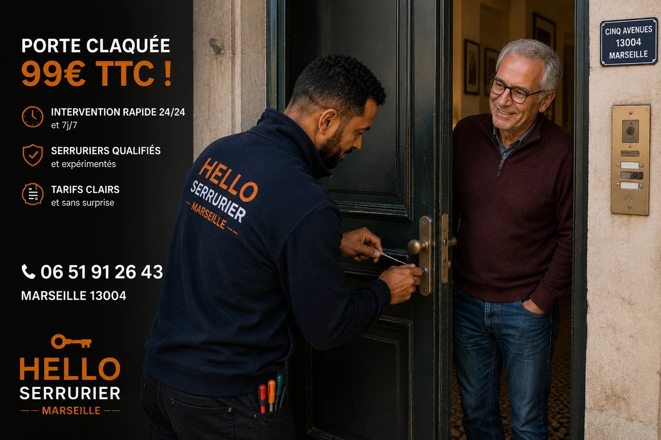 Serrurier Marseille 4e en intervention sur une porte claquée aux Cinq-Avenues (13004) — ouverture 99€