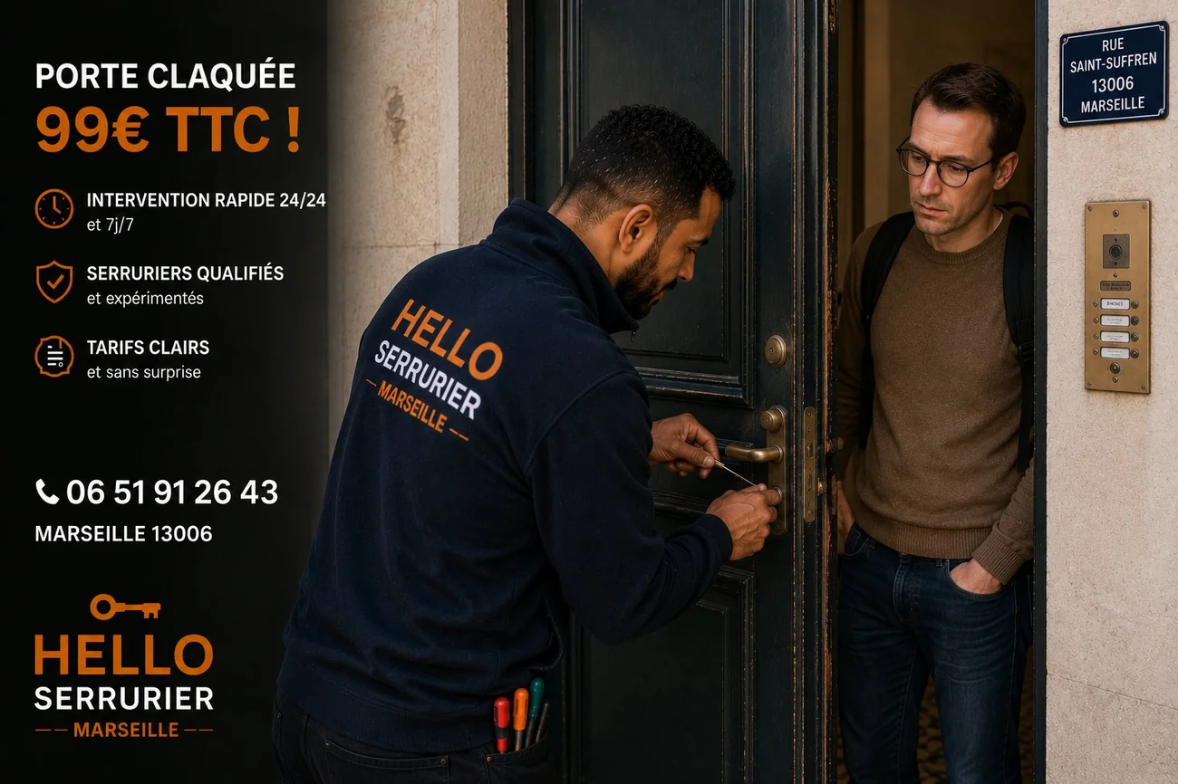 Serrurier Marseille 6e en intervention sur une porte claquée rue Saint-Suffren (13006) — ouverture 99€