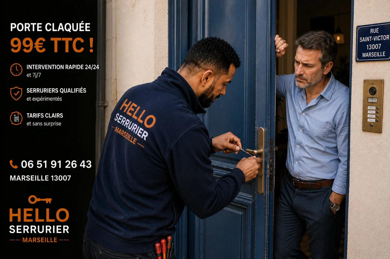 Serrurier Marseille 7e en intervention sur une porte claquée rue Saint-Victor (13007) — ouverture 99€