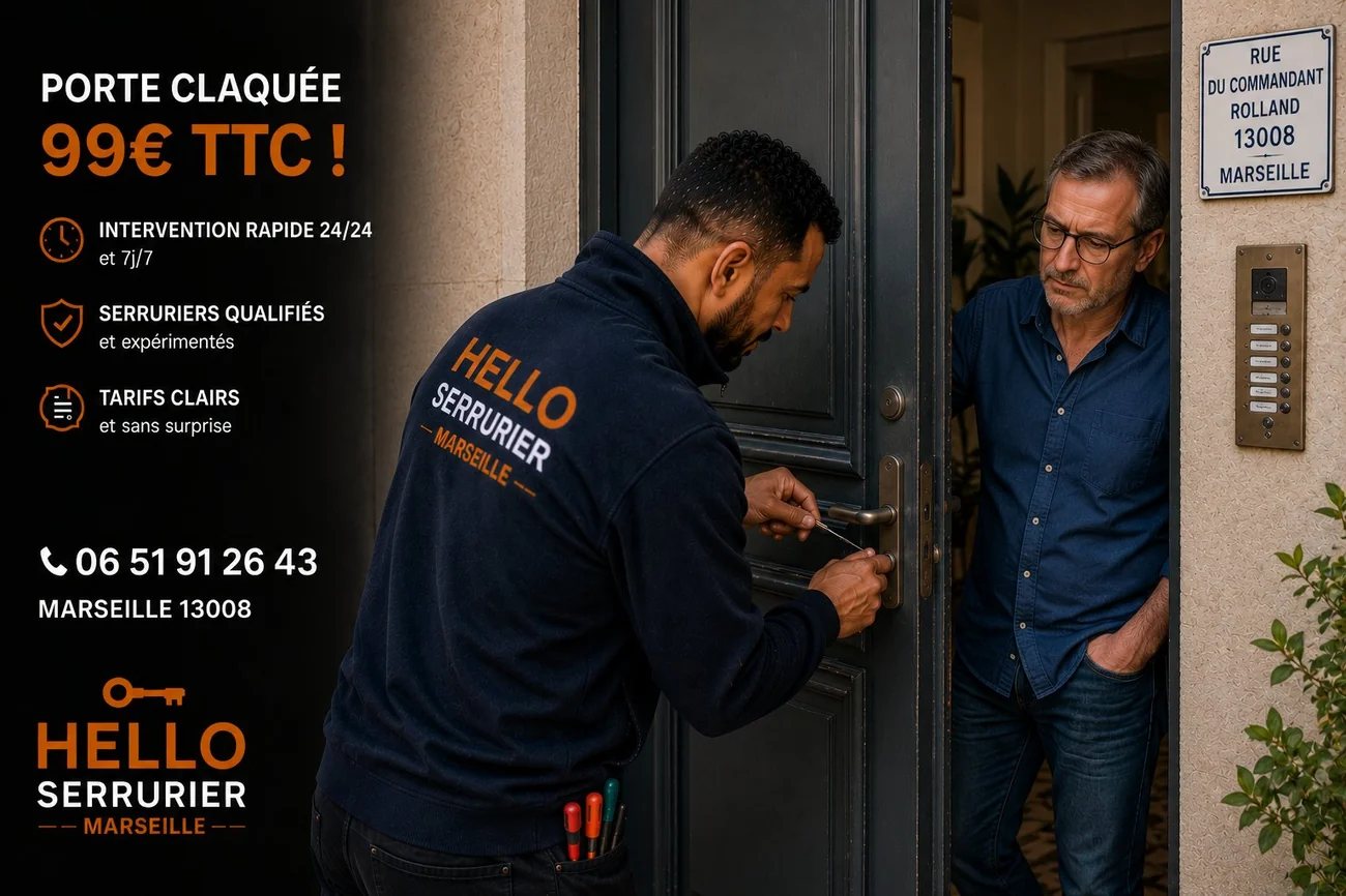 Serrurier Marseille 8e en intervention sur une porte claquée rue du Commandant Rolland (13008) — ouverture 99€