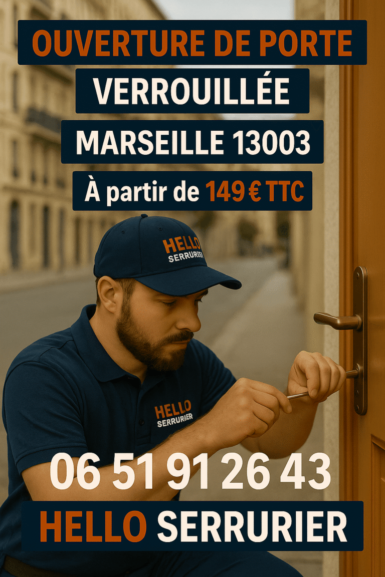 Serrurier Hello Serrurier effectuant une ouverture de porte verrouillée à Marseille 13003, intervention dès 149€ TTC.