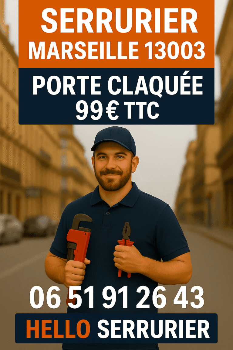 Serrurier professionnel Hello Serrurier Marseille 13003, intervention rapide pour porte claquée dès 99€ TTC, visuel vertical format story avec numéro de téléphone.