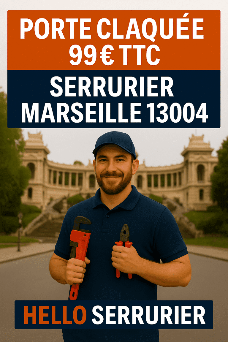 Serrurier professionnel Hello Serrurier Marseille 13004, intervention rapide pour ouverture de porte claquée dès 99€ TTC, visuel avec Parc Longchamp en fond.