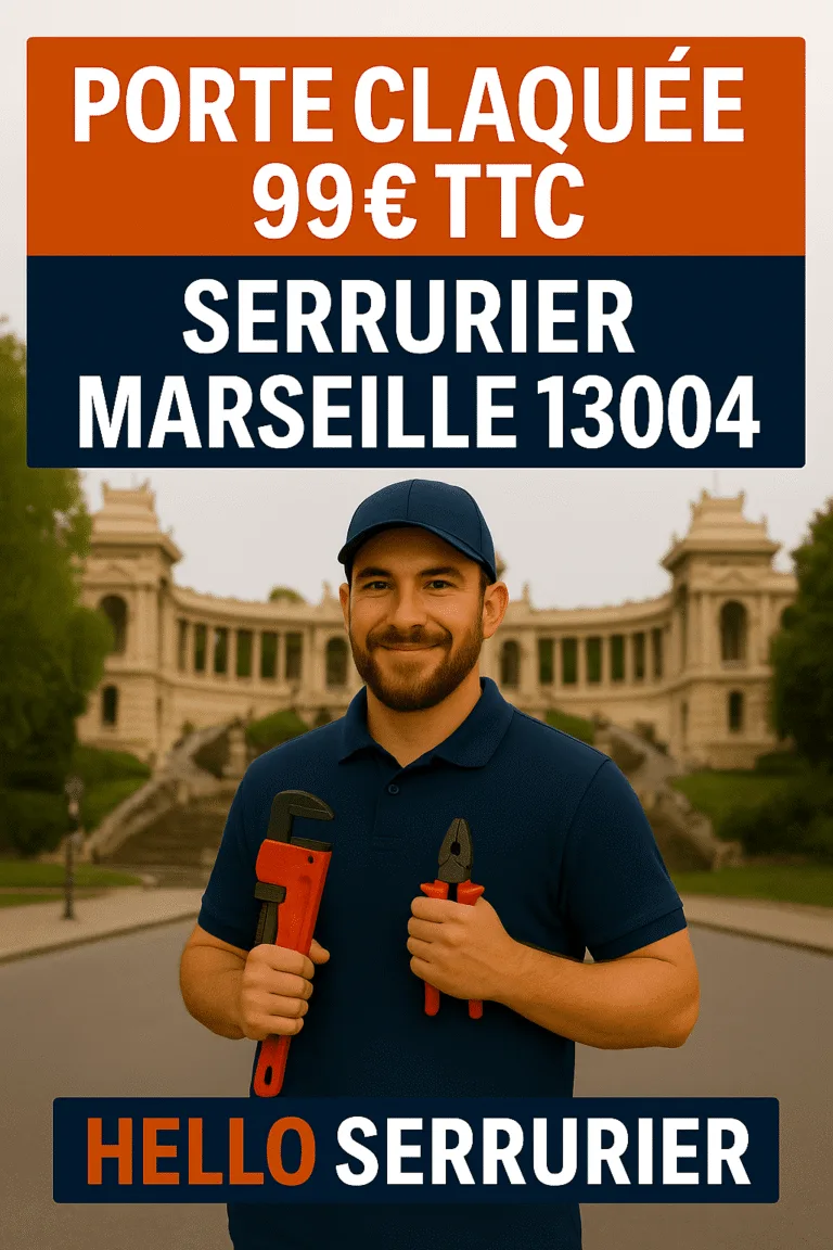 Serrurier professionnel Hello Serrurier Marseille 13004, intervention rapide pour ouverture de porte claquée dès 99€ TTC, visuel avec Parc Longchamp en fond.