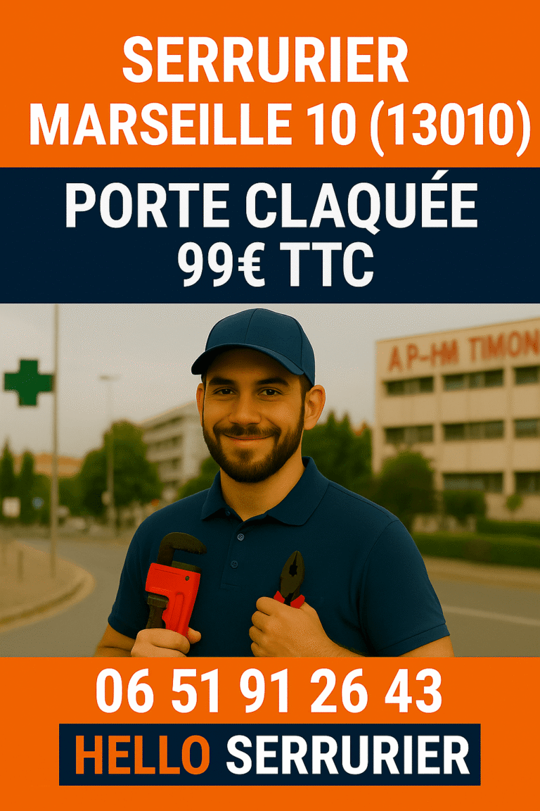 Serrurier Marseille 10 (13010), visuel pro avec serrurier souriant, outils en main, fond La Timone, offre porte claquée 99€ TTC