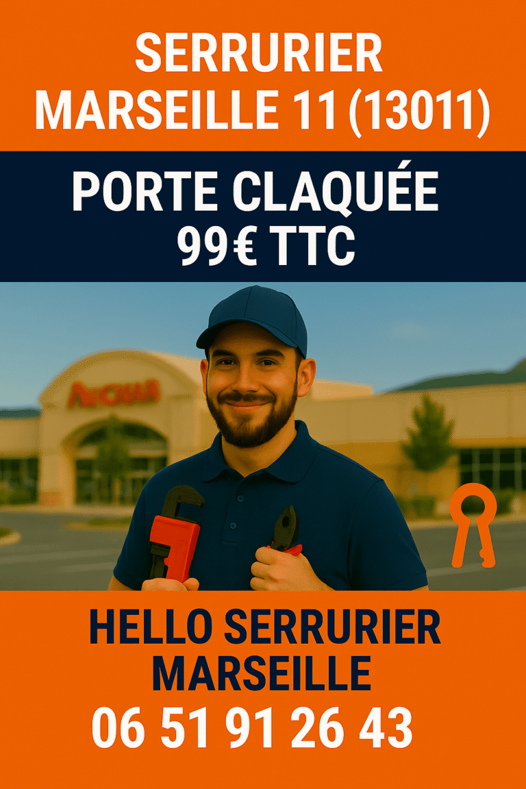 Serrurier Marseille 11 (13011), visuel professionnel avec serrurier souriant, outils en main, fond centre commercial La Valentine, offre porte claquée 99€ TTC