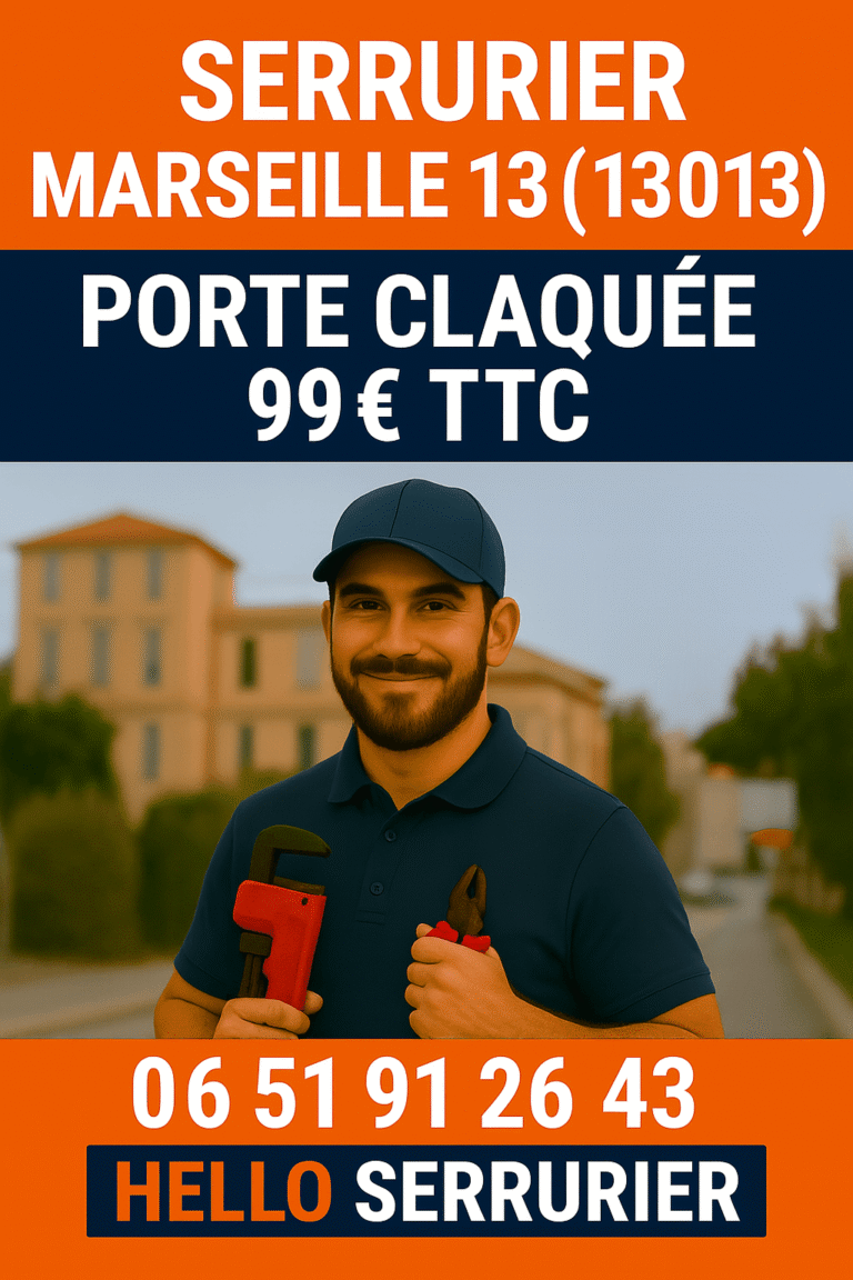 Serrurier Marseille 13 (13013), visuel professionnel avec serrurier souriant, outils en main, fond Château Gombert, offre ouverture de porte claquée 99€ TTC