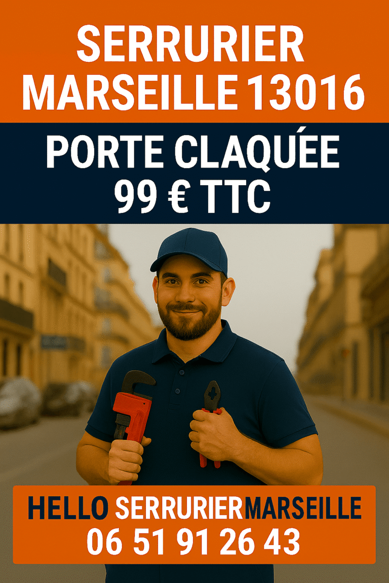 Affiche professionnelle Hello Serrurier Marseille 16 (13016) avec un serrurier souriant, outils en main, et texte "Porte claquée 99€ TTC"