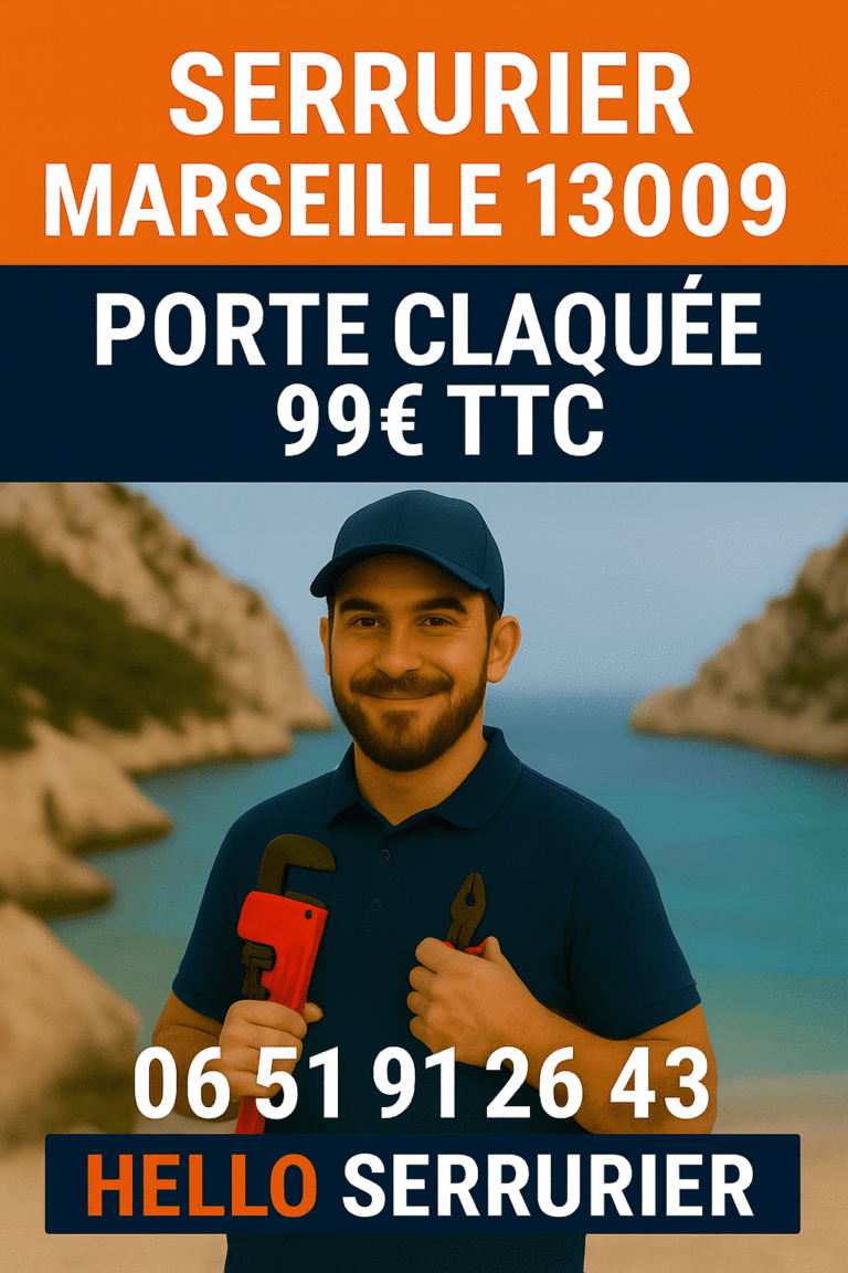 Serrurier Marseille 9 (13009), visuel pro avec serrurier souriant, outils en main, calanques en fond, offre porte claquée 99€ TTC