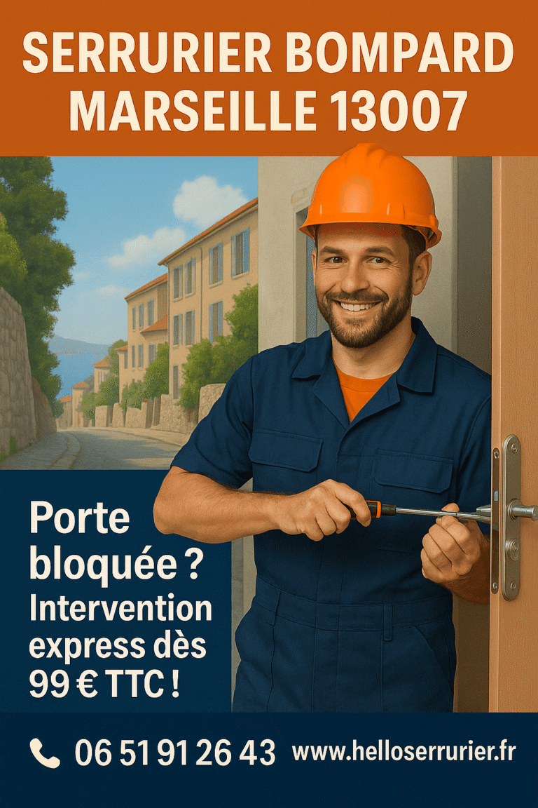 Serrurier Bompard Marseille 13007 intervenant pour ouverture de porte dans une ruelle pittoresque avec vue sur la mer.