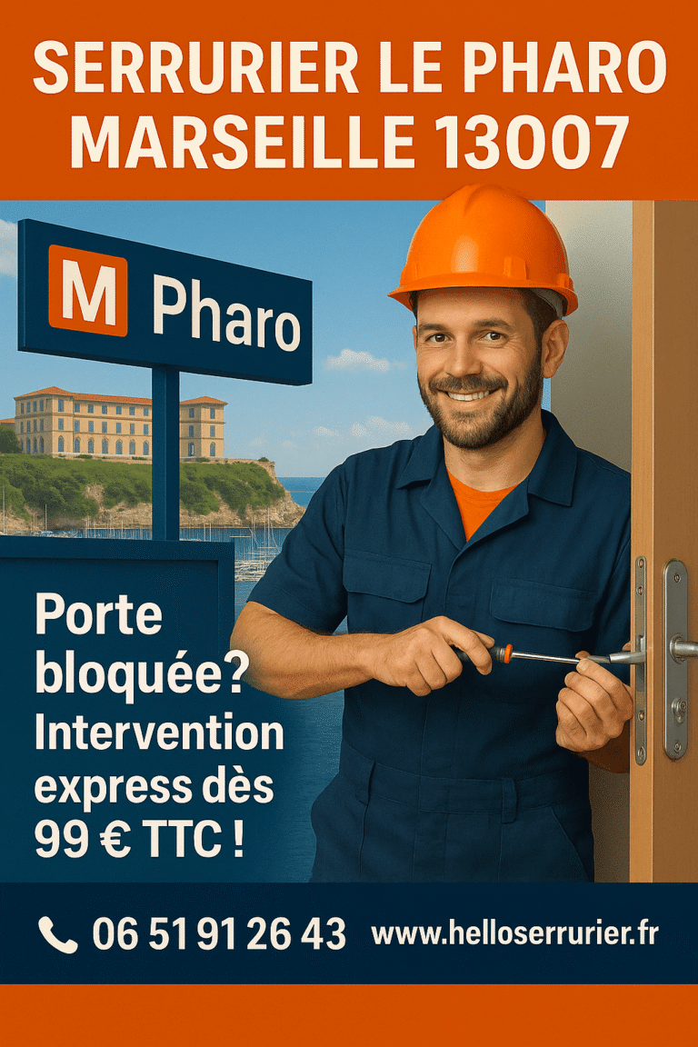 Serrurier professionnel à Le Pharo Marseille 13007 ouvrant une porte en urgence, avec vue sur le Palais du Pharo et le Vieux-Port.