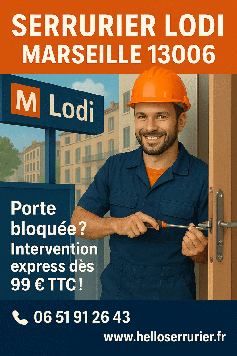 Serrurier intervenant dans le quartier Lodi à Marseille 13006, en train d’ouvrir une porte avec des outils professionnels, à deux pas du métro.