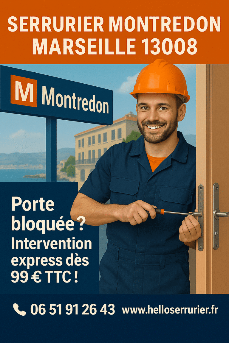 Affiche d’un serrurier à Montredon Marseille 13008, intervenant pour ouverture de porte et dépannage express près des plages et calanques.