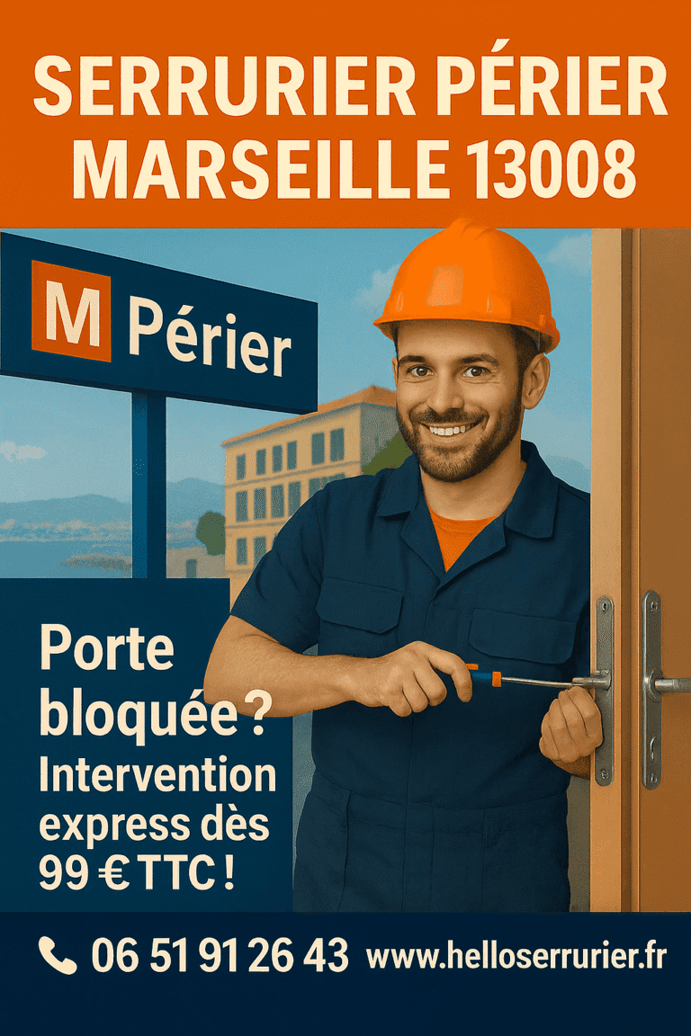 Serrurier Périer Marseille 13008 en intervention urgente pour ouverture de porte bloquée, dépannage rapide 7j/7 et tarifs transparents dès 99€ TTC