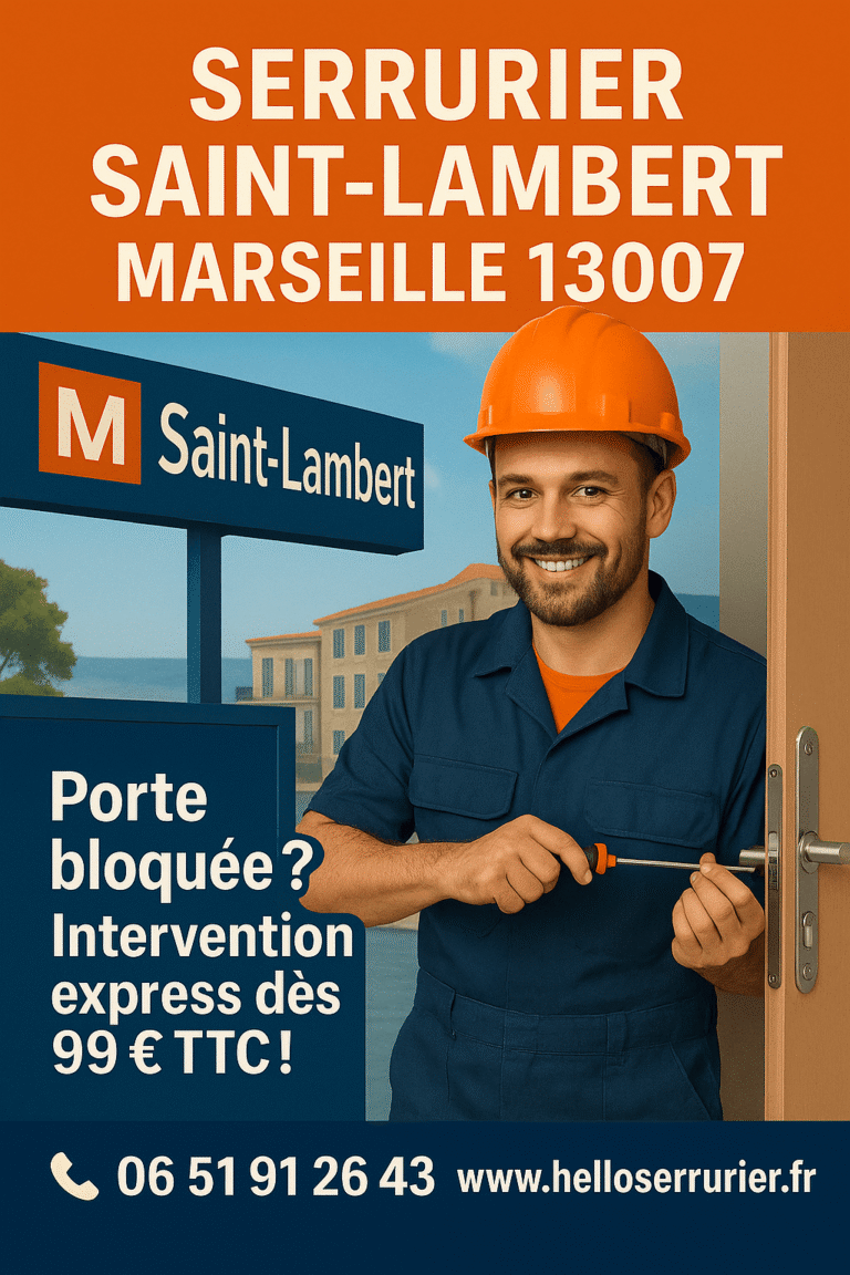 Serrurier professionnel à Saint-Lambert Marseille 13007 effectuant une ouverture de porte en urgence, avec panneau de métro en arrière-plan.