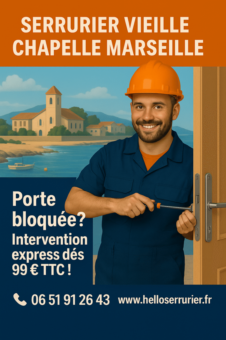 Visuel Hello Serrurier Marseille à Vieille Chapelle 13008, représentant un serrurier souriant en intervention, avec vue sur le littoral et les maisons typiques du quartier, mettant en avant l’ouverture de porte dès 99€ TTC.