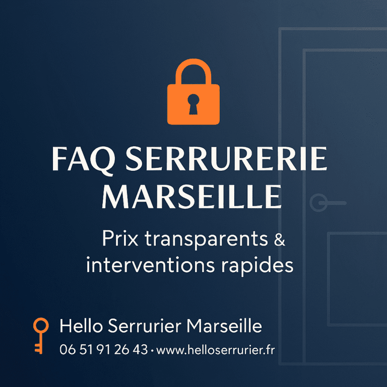 Image design Hello Serrurier Marseille présentant la FAQ sur les prix de serrure et l’ouverture de porte claquée avec un fond bleu nuit et un cadenas orange