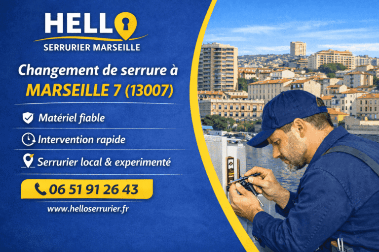 Serrurier en train de remplacer une serrure à Marseille 7 avec vue sur le littoral – intervention rapide dans le 13007 par Hello Serrurier Marseille